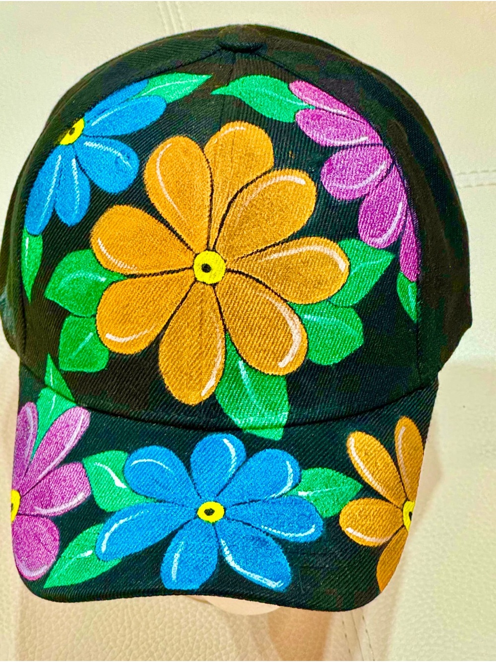 Black Floral Painted Baseball Cap - Multicolor Flower Print - Picture 4 of 13